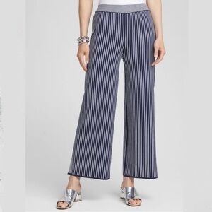 Chico’s Wide Leg Cropped Sweater Pants Sz 2 L 12 Navy Blue Striped Knit Capsule